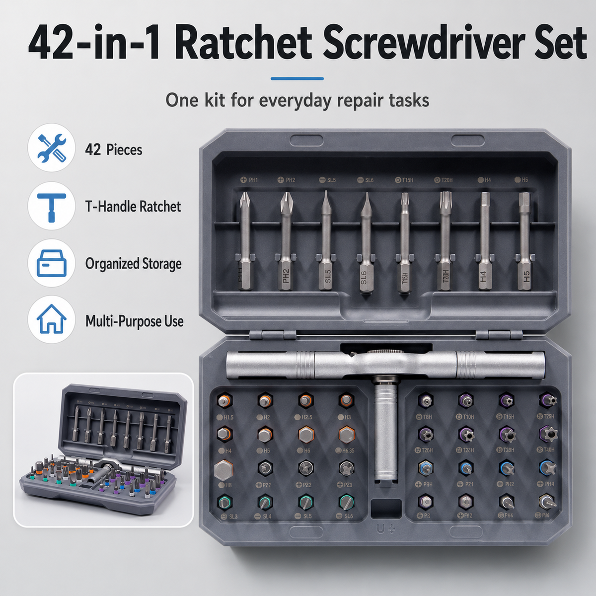 24/42-in-1 Magnetic T-Handle Ratchet Screwdriver Set