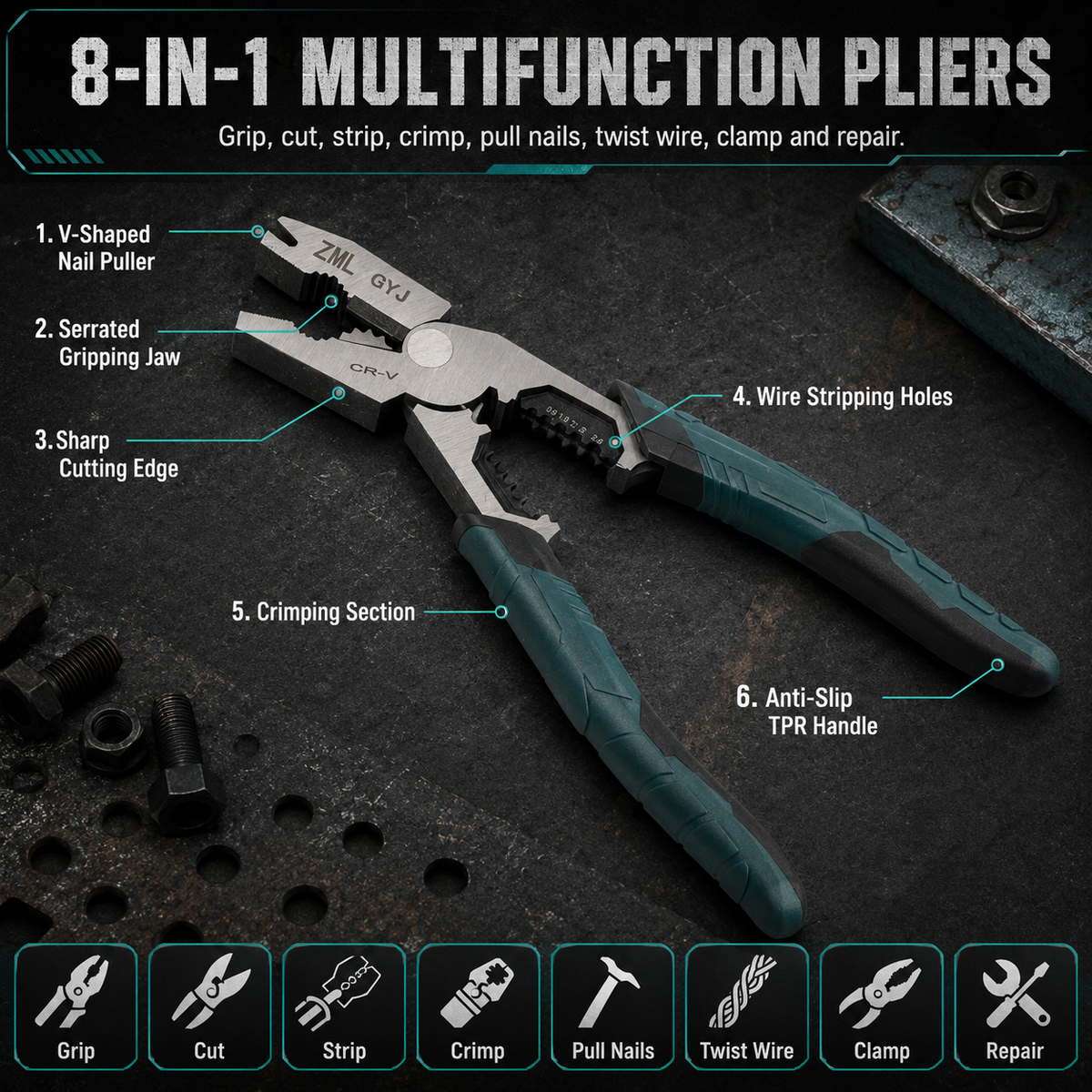 8-in-1 CR-V steel wire stripper pliers with sharp blades