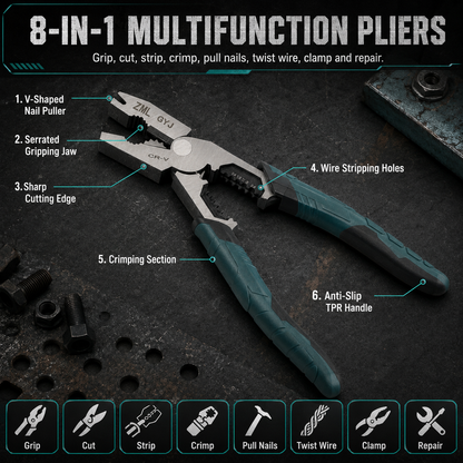 8-in-1 CR-V steel wire stripper pliers with sharp blades