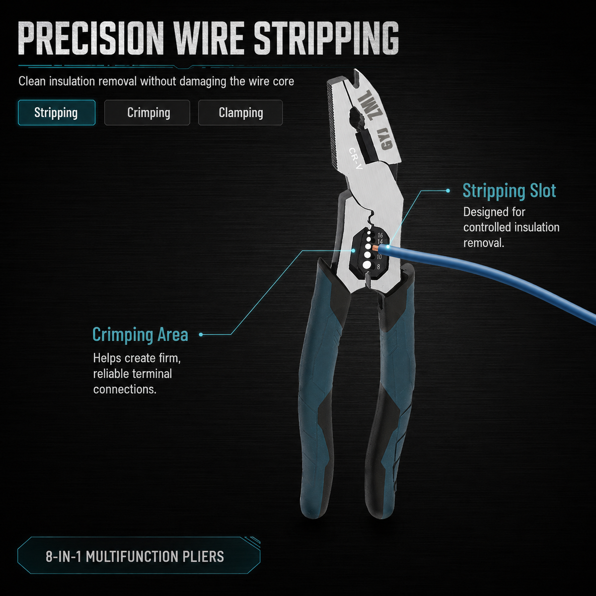 8-in-1 CR-V steel wire stripper pliers with sharp blades
