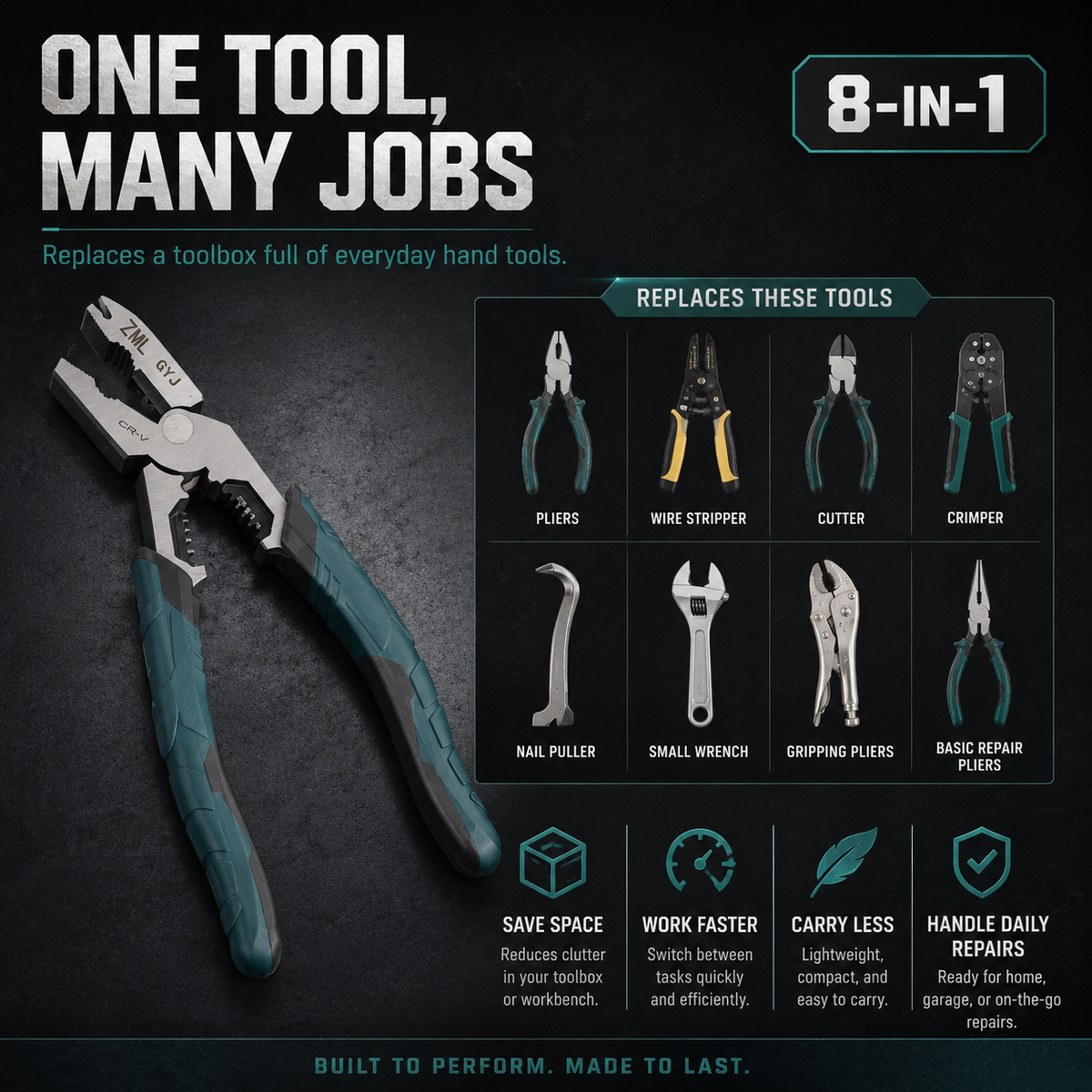 8-in-1 CR-V steel wire stripper pliers with sharp blades